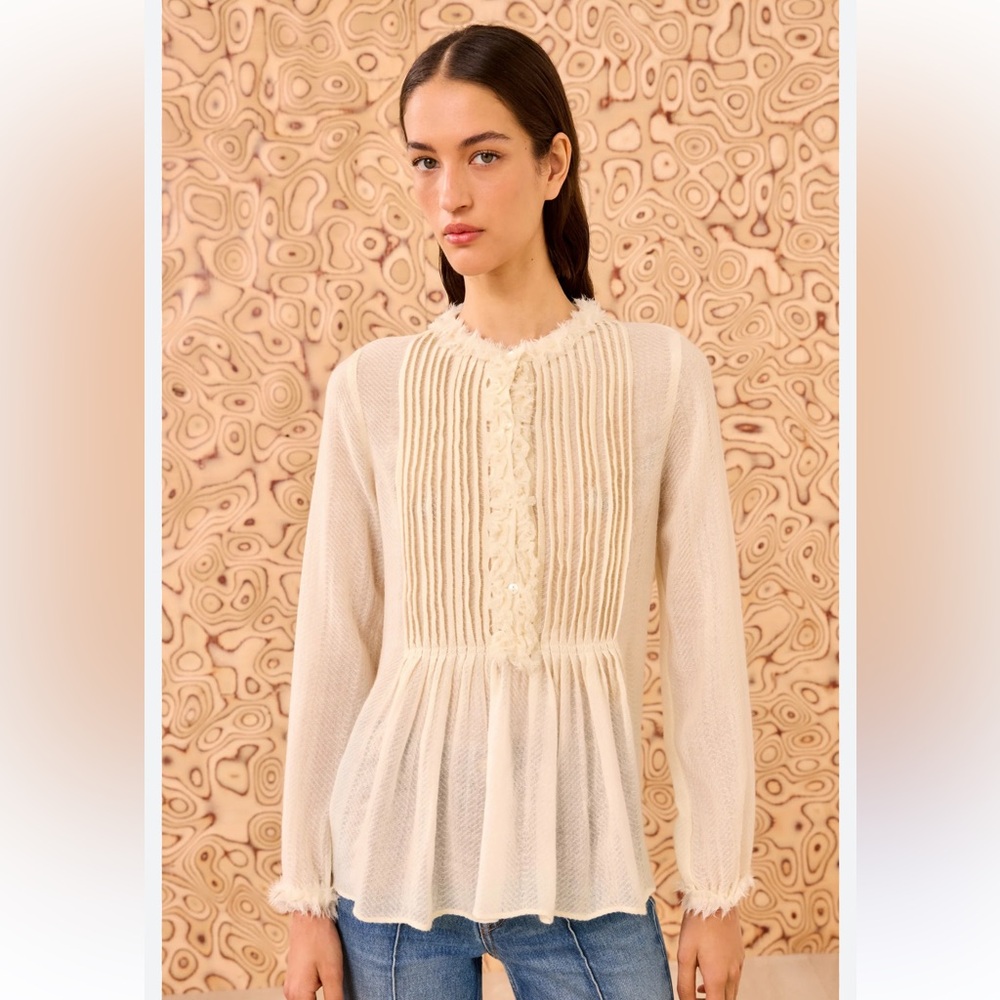 Ulla Johnson Cosmia Tunic Cream Pleated Pintuck Peplum Blouse